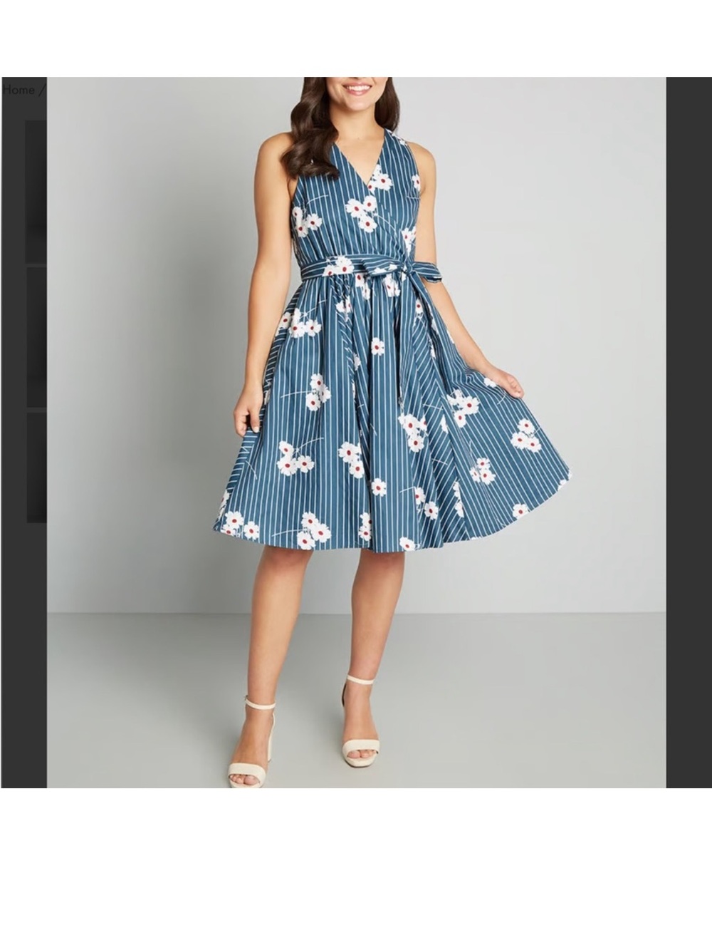 NWT: Modcloth Blue Floral-Striped V-Neck Faux-Wrap Midi Dress